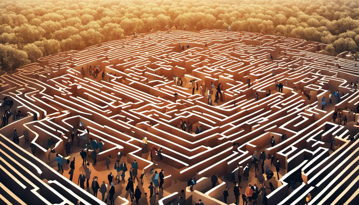 Illustration representing adaptive management, showing a group of people working together to navigate through a complex maze.