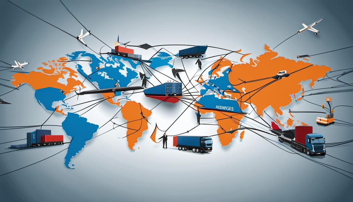Image illustrating challenges in global supply chain management. It shows a tangled web of logistics and international trade with arrows representing the flow of goods and services.