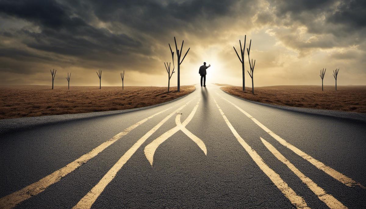An image of an ethical dilemma in business leadership, depicting a person standing at a forked road symbolizing a decision between two conflicting choices.