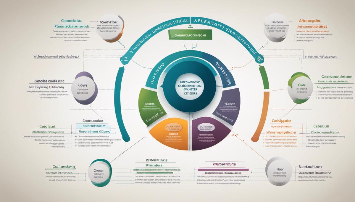 Diagram showing an organization's hierarchy structure with various departments and their relationships.