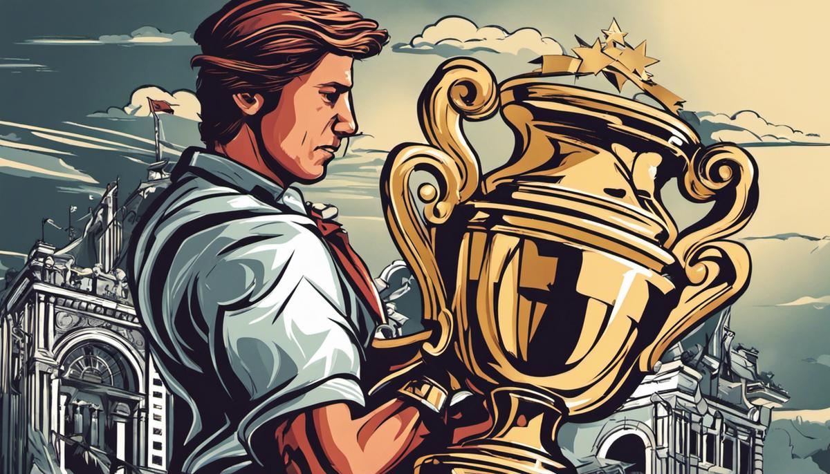 Illustration of a person holding a trophy while resisting temptations and distractions, symbolizing self-discipline as a crucial element in achieving success.